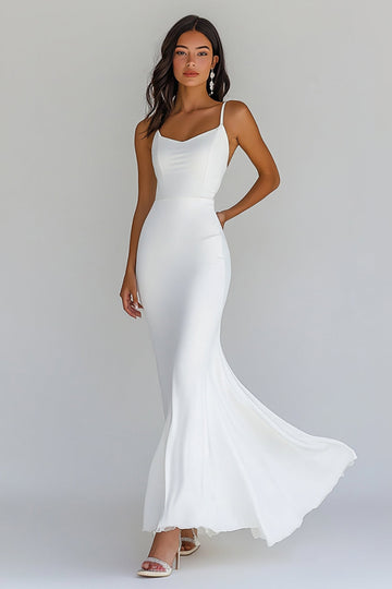 Spaghetti Straps Chiffon White Mermaid Long Engagement Dress